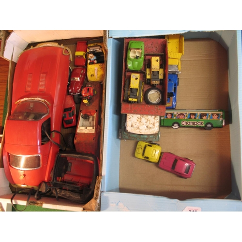 346 - Two boxes of loose tinplate, plastic and wooden items to include: Mill House Designs large tractor, ... 