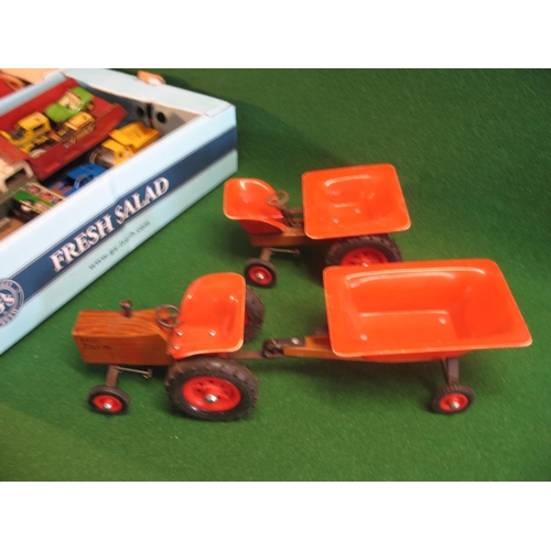 346 - Two boxes of loose tinplate, plastic and wooden items to include: Mill House Designs large tractor, ... 