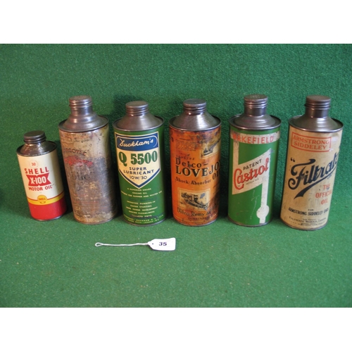 35 - Six different round oil cans for: Castrol, Duckhams, Shell, Filtrate (for Armstrong Siddeley cars), ... 