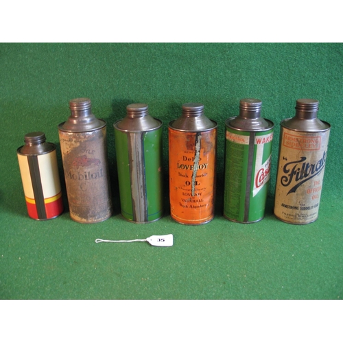 35 - Six different round oil cans for: Castrol, Duckhams, Shell, Filtrate (for Armstrong Siddeley cars), ... 