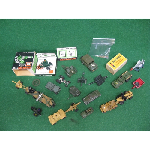 359 - Box of diecast mostly military vehicles and field guns from Dinky, Britains, Lone Star, Corgi and Cr... 