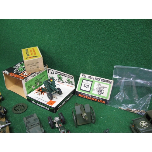 359 - Box of diecast mostly military vehicles and field guns from Dinky, Britains, Lone Star, Corgi and Cr... 