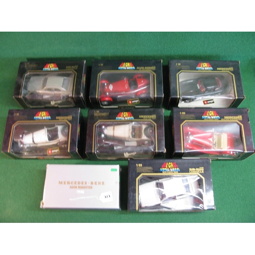 373 - Eight boxed Burago 1:18, 1:20 and 1:22 sale models of Mercedes, Rolls Royce and Alpha Romeo