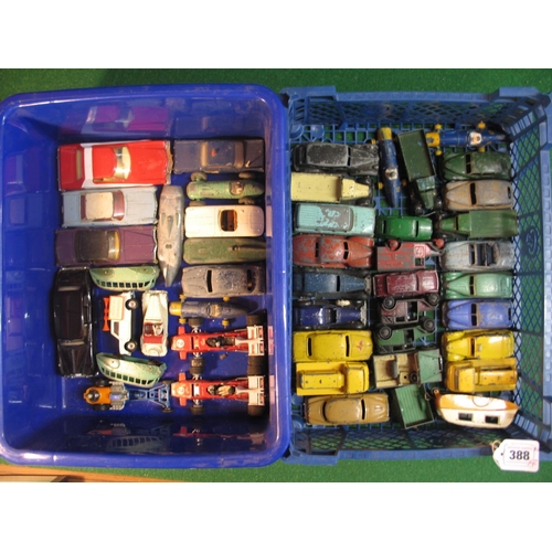 388 - Two boxes of approx forty six Dinky diecast cars, vans, taxis, light trucks, coaches and racing cars... 