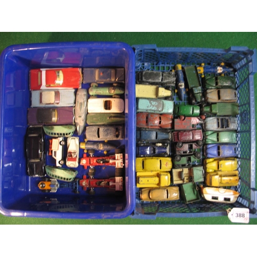 388 - Two boxes of approx forty six Dinky diecast cars, vans, taxis, light trucks, coaches and racing cars... 