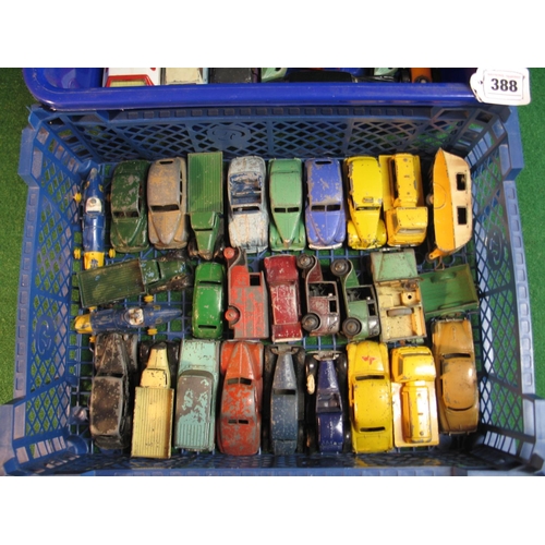 388 - Two boxes of approx forty six Dinky diecast cars, vans, taxis, light trucks, coaches and racing cars... 