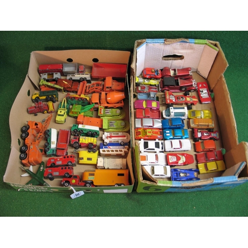 393 - Two boxes of approx fifty seven Lesney/Matchbox diecast vehicles, all playworn