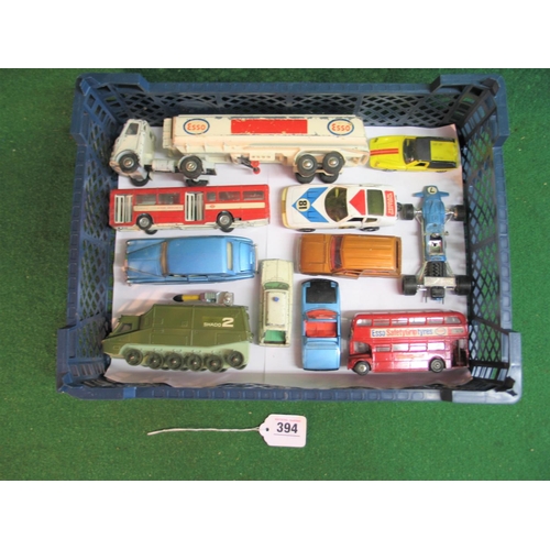 394 - Box of diecast Dinky vehicles to include: Shado 2 with rocket, AEC bus with all doors, Porsche 914 e... 