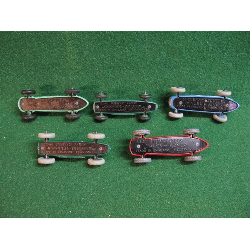 410 - Five Dinky racing cars to comprise: two 23G, 23K, 232 and 235, no boxes