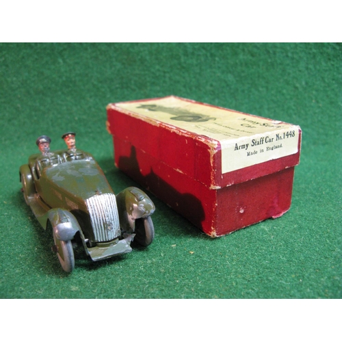 418 - Britains No. 1448 Army Staff Car on solid wheels with removable officer (with tartan rug) and driver... 