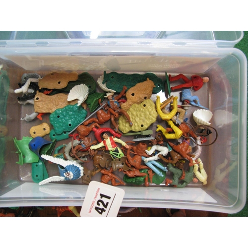 421 - Quantity of plastic cowboys, Indians, horses and soldiers from Timpo Toys, Britains, Herald and Hong... 