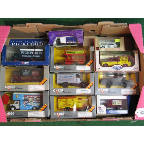 424 - Box of approx eleven diecast lorries, vans, trucks and a car from Corgi Classics, Saica, Lledo and B... 