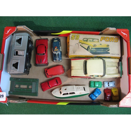 429 - Mixed lot to comprise: Triang Minic clockwork van, Japanese tinplate friction car and silver caravan... 