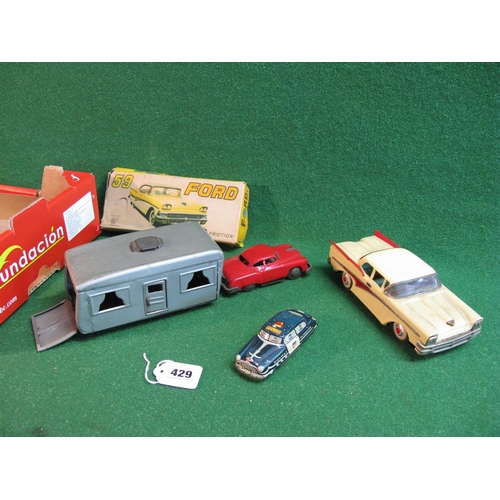 429 - Mixed lot to comprise: Triang Minic clockwork van, Japanese tinplate friction car and silver caravan... 