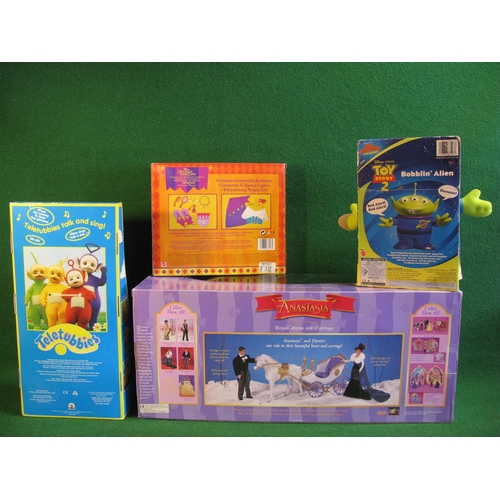 436 - Teletubbies Dipsy, Hunchback Of Dotre Dame dancing set, Anastasia Royal horse and carriage and Toy S... 