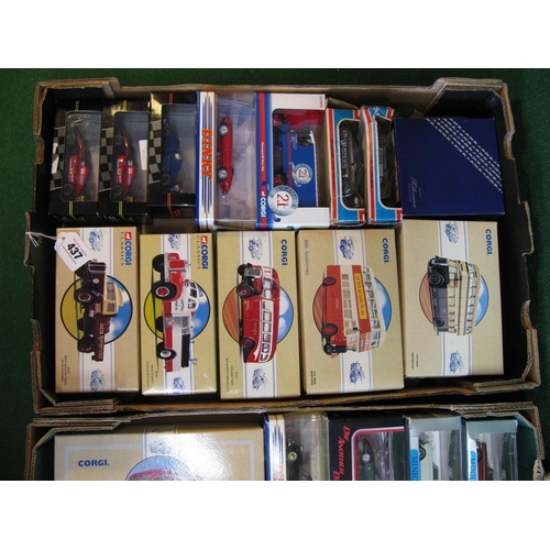 437 - Two boxes of approx twenty seven diecast model buses, lorries, cars, bike and racing cars made by Co... 