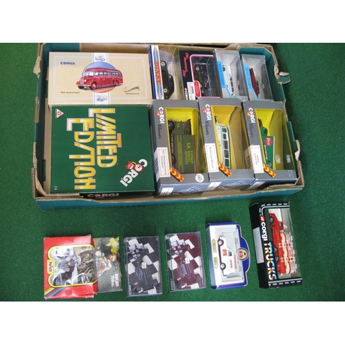 437 - Two boxes of approx twenty seven diecast model buses, lorries, cars, bike and racing cars made by Co... 