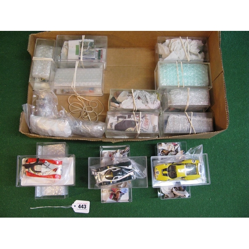 443 - Box of approx fifteen 1:43 scale car models, all kit built, some metal and some resin by makers to i... 