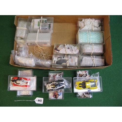 443 - Box of approx fifteen 1:43 scale car models, all kit built, some metal and some resin by makers to i... 