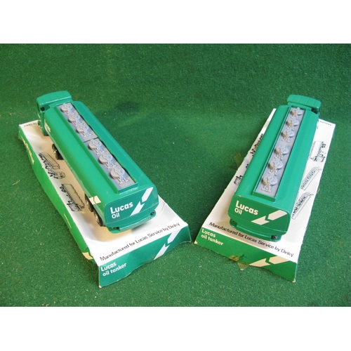 448 - Two promotional Lucas Oil AEC tankers made by Dinky in 1977 with original card bases (bubble tops ha... 