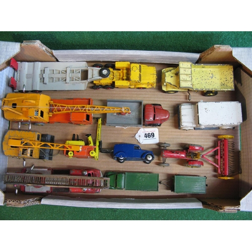 469 - Box of loose Dinky lorries, cranes, tractor, van, fire engine etc to include a French made Berliet t... 