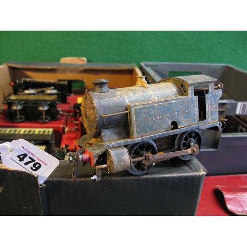 479 - Two boxes of Hornby O Gauge tinplate items to include: clockwork 0-4-0T No. 6600 in Great Western li... 