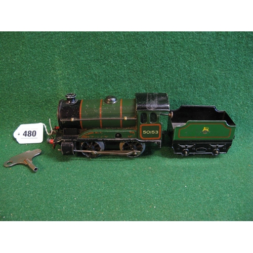 480 - Hornby O gauge 1954-1961 tinplate clockwork 0-4-0 tender locomotive No. 50153 in lined BR green, wit... 