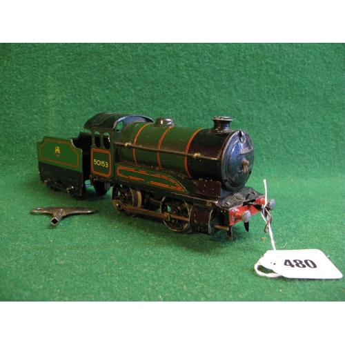 480 - Hornby O gauge 1954-1961 tinplate clockwork 0-4-0 tender locomotive No. 50153 in lined BR green, wit... 