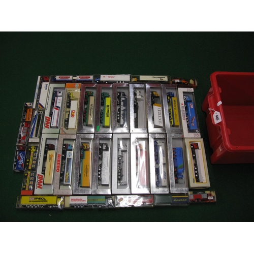 485 - Crate of approx thirty three HO scale plastic lorries and coaches made by AMW, Herpa, Albedo, RM etc