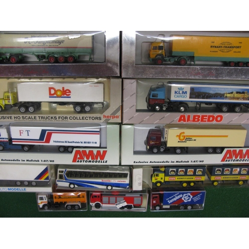 485 - Crate of approx thirty three HO scale plastic lorries and coaches made by AMW, Herpa, Albedo, RM etc