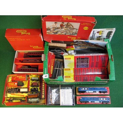 487 - Two boxes of Triang and Hornby OO to include: two car Blue Pullman (in rough boxes), Triang RS 4 Set... 