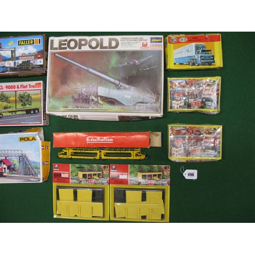 496 - Box of approx ten HO scale plastic kits made by Faller, Revell, Pola, Hales and Heljan together with... 