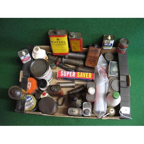 5 - Box of assorted automotive product tins, plastic and glass bottles together with some grease guns