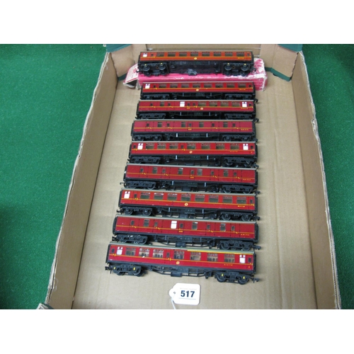 517 - Hornby Dublo: nine Mk1 coaches in maroon livery (one rough box), all have Peco type couplings