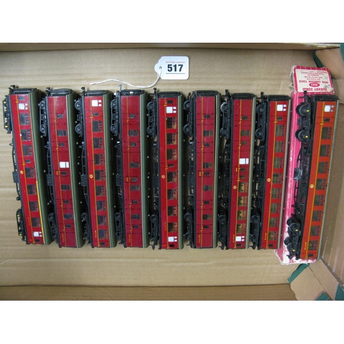 517 - Hornby Dublo: nine Mk1 coaches in maroon livery (one rough box), all have Peco type couplings