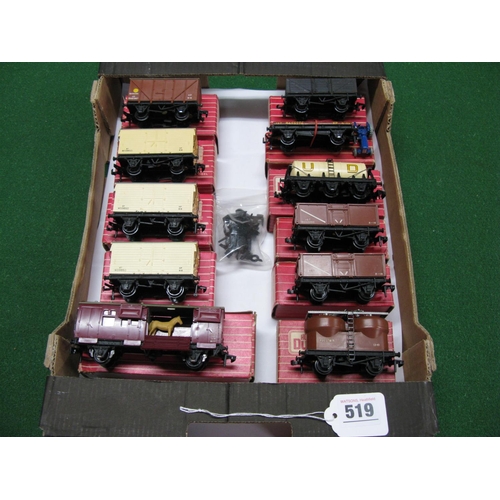 519 - Hornby Dublo: eleven wagons including refrigerated and banana vans and low sided wagon with tractor ... 