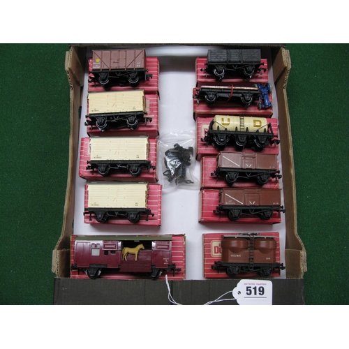 519 - Hornby Dublo: eleven wagons including refrigerated and banana vans and low sided wagon with tractor ... 