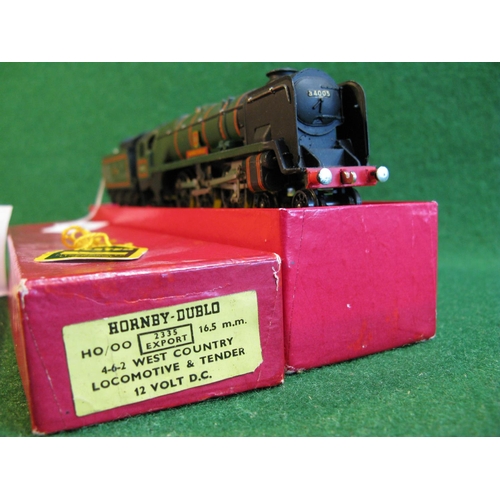 525 - Hornby Dublo 2 Rail West Country Class 4-6-2 locomotive and tender No. 34005 Barnstaple in lined lat... 