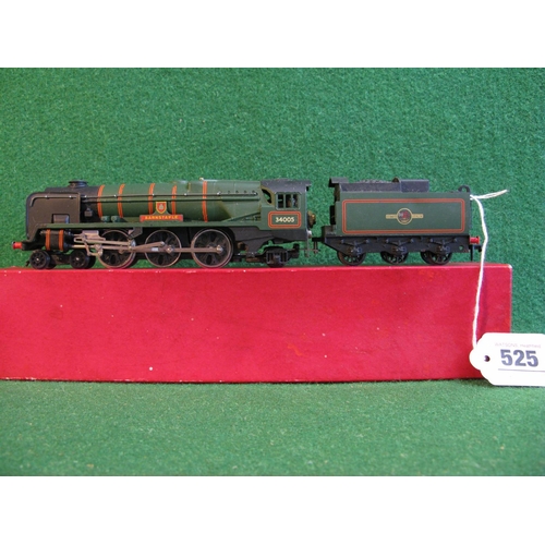 525 - Hornby Dublo 2 Rail West Country Class 4-6-2 locomotive and tender No. 34005 Barnstaple in lined lat... 