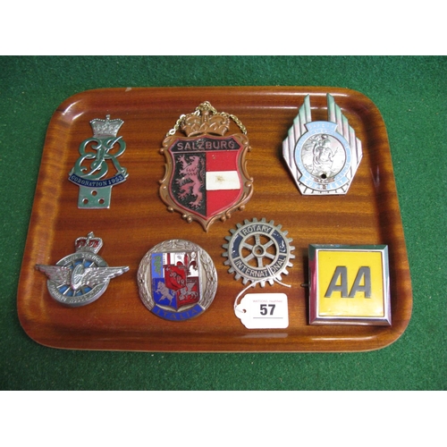 57 - Seven car badges to include: Coronation 1953, Civil Service Motoring Association, Italia, St Christo... 