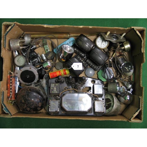 7 - Three boxes of mixed car parts etc to include: wipers, lamps, gauges, cased tester, Lucas glass batt... 