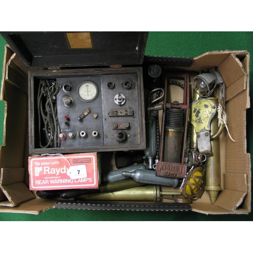 7 - Three boxes of mixed car parts etc to include: wipers, lamps, gauges, cased tester, Lucas glass batt... 