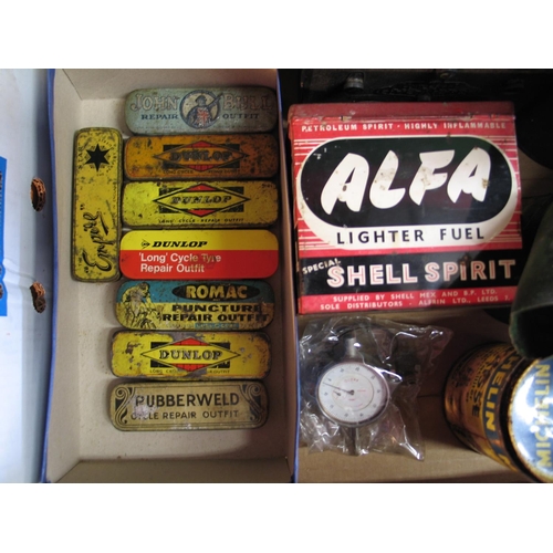 84 - Mixed box of oil pourers, puncture repair tins, carbide containers, Shell lighter fuel tin, glass Lu... 