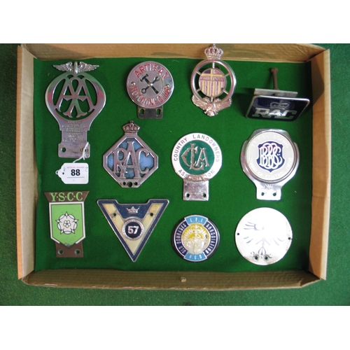 88 - Eleven vehicle badges to include: Artisan Motoring Club, British Boxing Board Of Control (1929), YSC... 