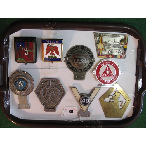 89 - Nine car badges to include: YMCA Serving Youth In Singapore Jubilee 1903-1953, enamel centre RAC, Ni... 