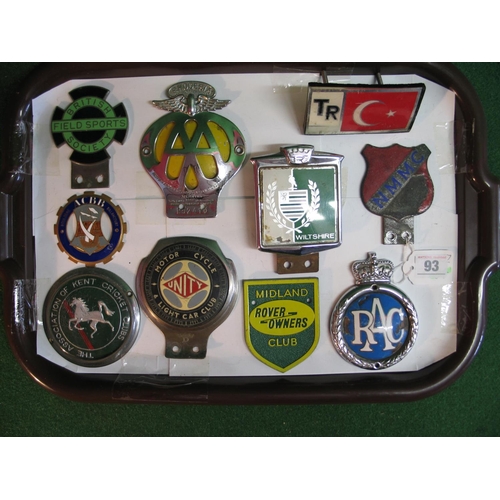 93 - Ten car badges to include: Unity Motorcycle & Light Car Club, British Field Sports Society, The Asso... 