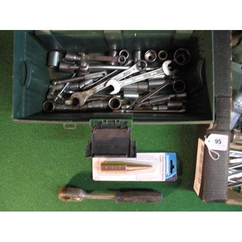 95 - Box and case of spanners, sockets, air tools, drill bits, tools etc