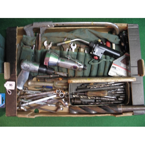 95 - Box and case of spanners, sockets, air tools, drill bits, tools etc