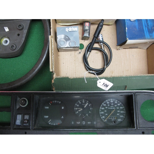 106 - Two boxes to include: steering wheels, dashboard parts, mirrors, Gilera speedometer, Ford Sender Uni... 