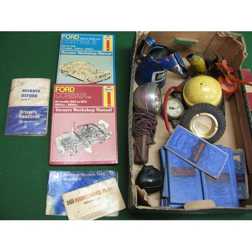 110 - Mixed box to include: maps, oil pourers and cans, hand lamp, ashtray, large horn, hand books etc